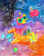 ilustración infantil de Ave piloto manejando una avioneta en el universo estrellado para conseguir alimento © AnaMara