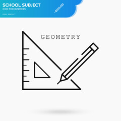 Geometry subject black linear icon vector template for school, collage or academy with rule and pencil on white background. Education and science. Eps 10 vector