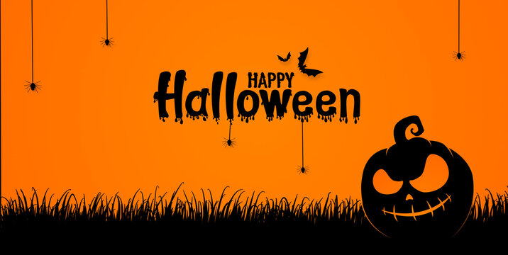 Happy halloween text banner with scary pumpkin face on grass field, bats flying, spider, spider web,  isolated yellow  background, sale template ,website, poster,  vector  illustration