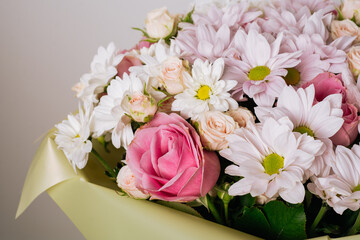 Big bouquet of roses and chrysanthemums. Close-up