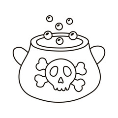 witch cauldron pot with skull stamp line style icon