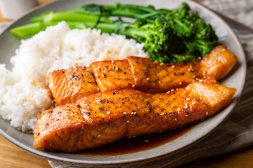 salmon teriyaki with rice and boiled broccolini