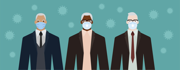 Group of diverse senior only men of different race, in office style clothes, wearing masks for pandemic protection from covid19. Flat design vector illustration.