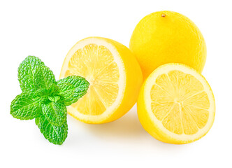 Lemon fruit and mint herb isolated on white background.