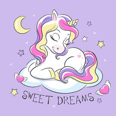 Art. Baby unicorn sleeping on a cloud. Sweet dreams. Fashion illustration print in modern style for clothes or fabrics and books.