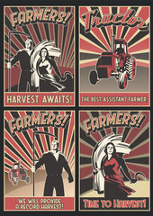 Farmers and Harvest Agricultural Propaganda Posters Retro Style 