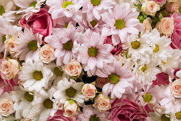 Big bouquet of roses and chrysanthemums. Close-up
