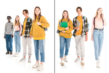 Fototapeta premium Collage of smiling multiethnic teenagers holding hands and notebooks on white background