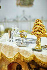 red church in Minsk. catholic church. Church of St. Simeon and St. Helena. baptismal process