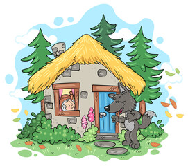 Böser Wolf vor Großmutters Haus - Vektor-Illustration