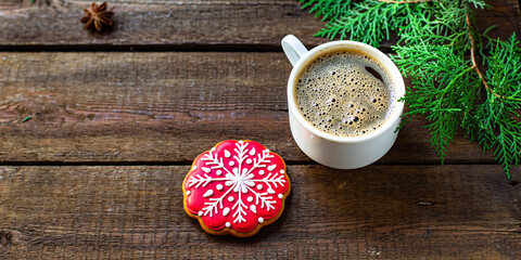 Obraz na płótnie Canvas gingerbread cookie biscuit and coffee on the table festive christmas holiday party new year meal tasty serving size top view copy space for text food background
