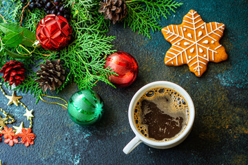 Obraz na płótnie Canvas gingerbread cookie biscuit and coffee on the table festive christmas holiday party new year meal tasty serving size top view copy space for text food background