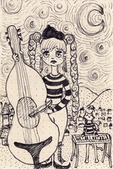 Fototapeta na wymiar ilustración de Mujer joven tocando contrabajo sobre la noche estrellada de Francia en compañía de su gato tocando piano, noche de jazz, gato jazz