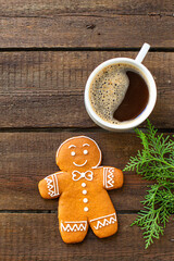 gingerbread cookie biscuit and coffee on the table festive christmas holiday party new year meal tasty serving size top view copy space for text food background