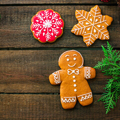gingerbread cookie biscuit and coffee on the table festive christmas holiday party new year meal tasty serving size top view copy space for text food background
