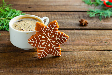 gingerbread cookie biscuit and coffee on the table festive christmas holiday party new year meal tasty serving size top view copy space for text food background