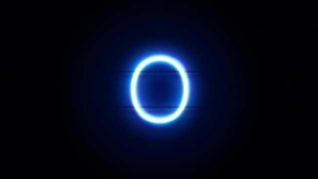 Neon font letter O lowercase appear in center and disappear after some time. Animated blue neon alphabet symbol on black background. Looped animation.