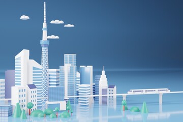 3d rendering illustration of metropolitan city in blue color minimal design