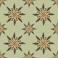 Seamless vector of tribal tone flower shape like graphic on pastel green background