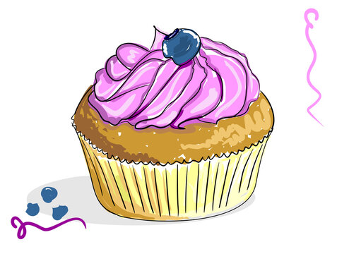 Vector image of a cupcake with butter cream and blueberries on top. A sketch of a cake painted as if with markers or watercolors. Hand-drawn illustration.