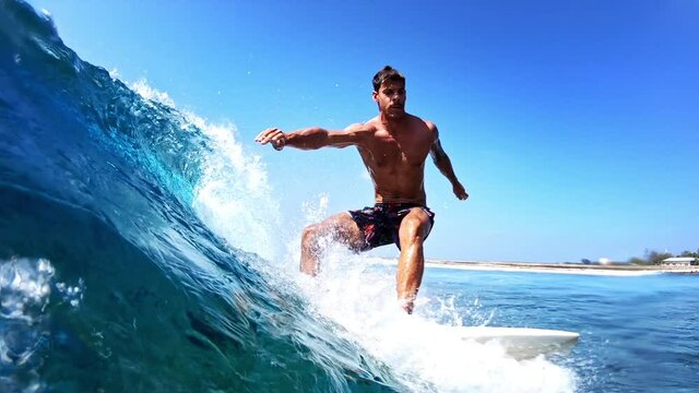 Young male surfer rides the ocean wave in Maldives