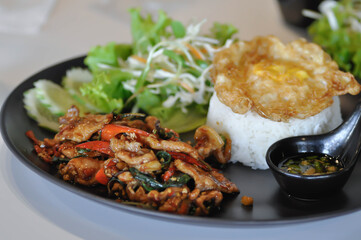 stir fried pork with holy basil , rice and fried egg