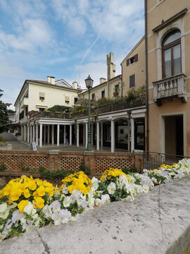 Oderzo is a town and comune in the province of Treviso, Veneto, northern Italy. You can see old buildings, with flowers and a canal. 