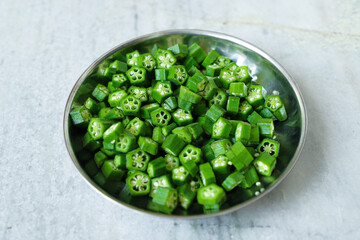 Fresh Green Cut Okra in Plate