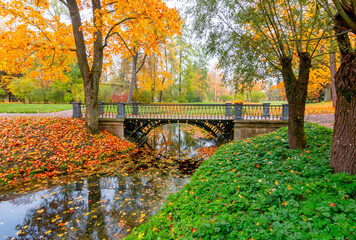 Bridge in Catherine park in autumn foliage, Pushkin (Tsarskoe Selo), Saint Petersburg, Russia