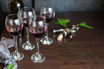 red wine in a glass festive christmas holidays party new year meal on the table tasty serving size top view copy space for text food background rustic