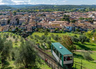 The funicular that connects the lower and upper part of the village of Certaldo in the province of Florence, Tuscany, Italy