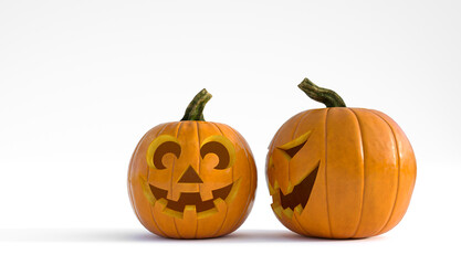 Scary looking pumpkin looking at a grinning pumpkin