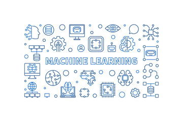Machine Learning concept line banner. ML vector creative outline horizontal illustration