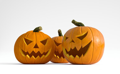 Scary looking pumpkins looking at a grinning pumpkin