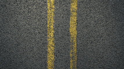 Yellow stripes on the asphalt road. Top view. Background texture