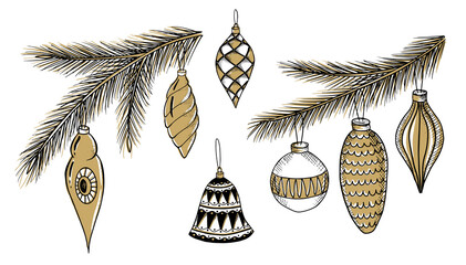 Hand drawn set of Christmas decorations. Template for greeting cards, invitations, posters, flyers.