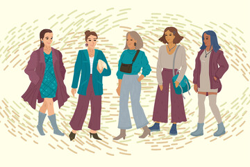 Obraz premium Different women, female employees, business girls, banner with young women. Vector illustration, horizontal poster.