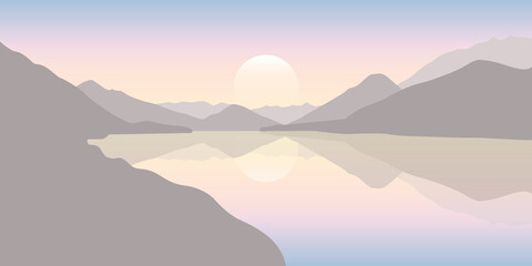 sunset by the lake in the mountains vector illustration EPS10