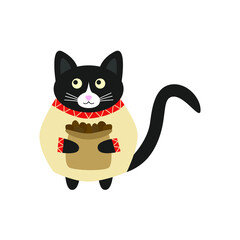 Сute belarusian black cat  with a bag of potatoes in a traditional shirt with an ornament. Doodle flat illustration vector