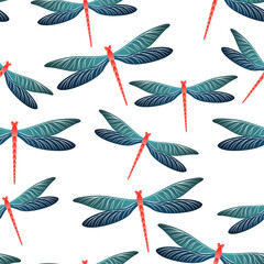 Dragonfly childish seamless pattern. Summer dress fabric print with darning-needle insects. Garden 