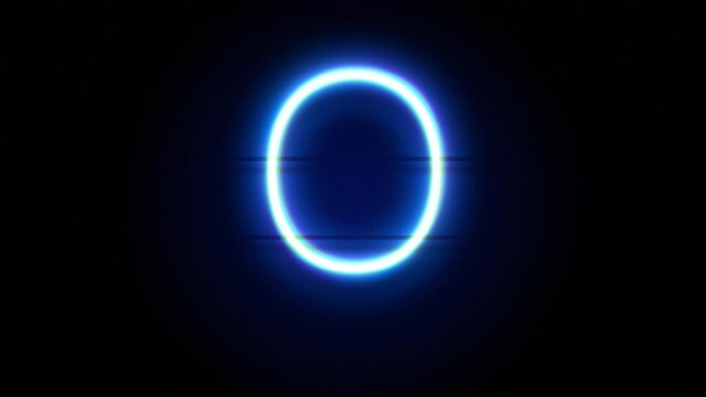 Neon font letter O uppercase appear in center and disappear after some time. Animated blue neon alphabet symbol on black background. Looped animation.