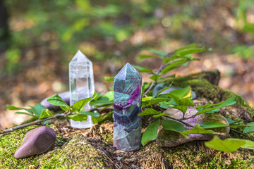 Gemstones fluorite, quartz crystal and various stones. Magic rock for mystic ritual, witchcraft...