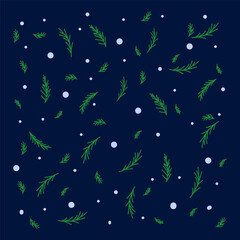 Winter background Christmas tree branches with snow. Vector background for the New year hand-drawn on a dark background. Pattern for greeting cards or paper for gifts in the style of flat. Happy new