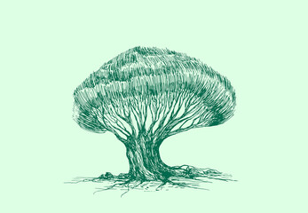 Green tree sketch stylized silhouette. Pattern isolated light green background. Ecology cover.