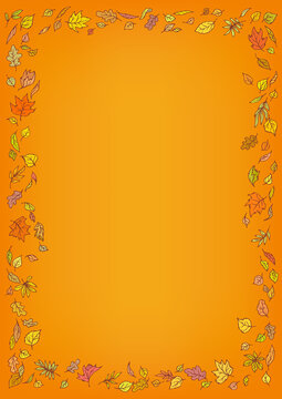 Vertical frame, border composed of flying autumn leaves on an orange background for page design. Vector illustration.