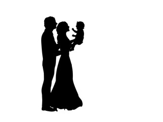 Silhouettes happy father and mother holding newborn baby in the air