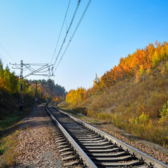 Fototapeta na wymiar The railway passes through a beautiful autumn forest with colorful trees.
