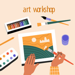 Top view on watercolor painting process, children draw, workshop educational courses for kids. Hand drawn template of illustration in modern cartoon flat style, isolated on beige background. 