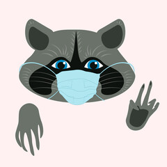 Cute blue-eyed raccoon in a medical mask. Vector image in calm colors. Space for text