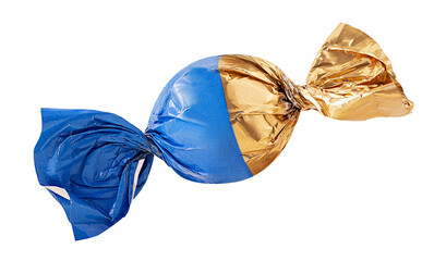Chocolate candy in golden and blue wrapper